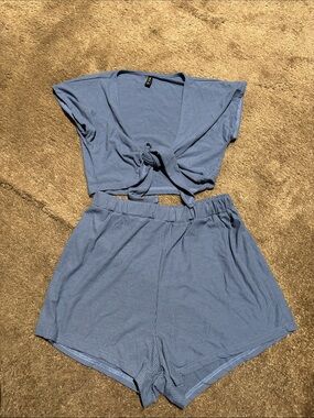 Zaful Dusty Blue High Waist Ribbed Shorts Set